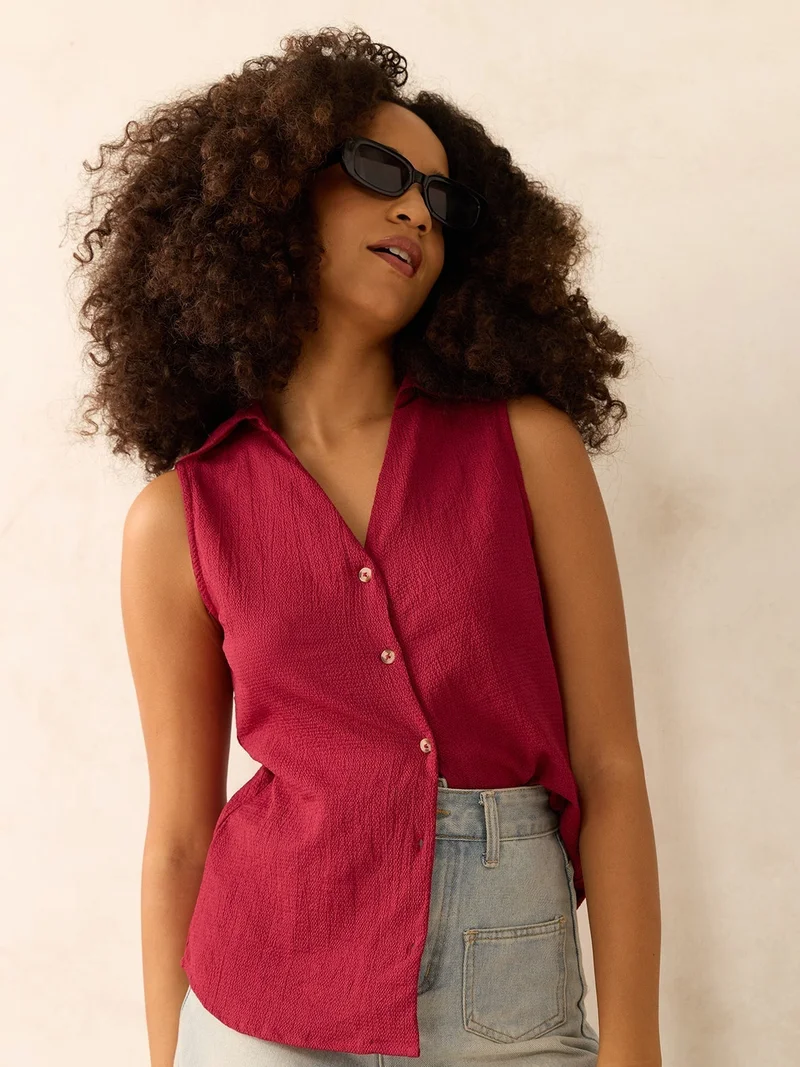 Outzidr Wine Wine Textured Cropped Shirt for Women | Best Price UAE