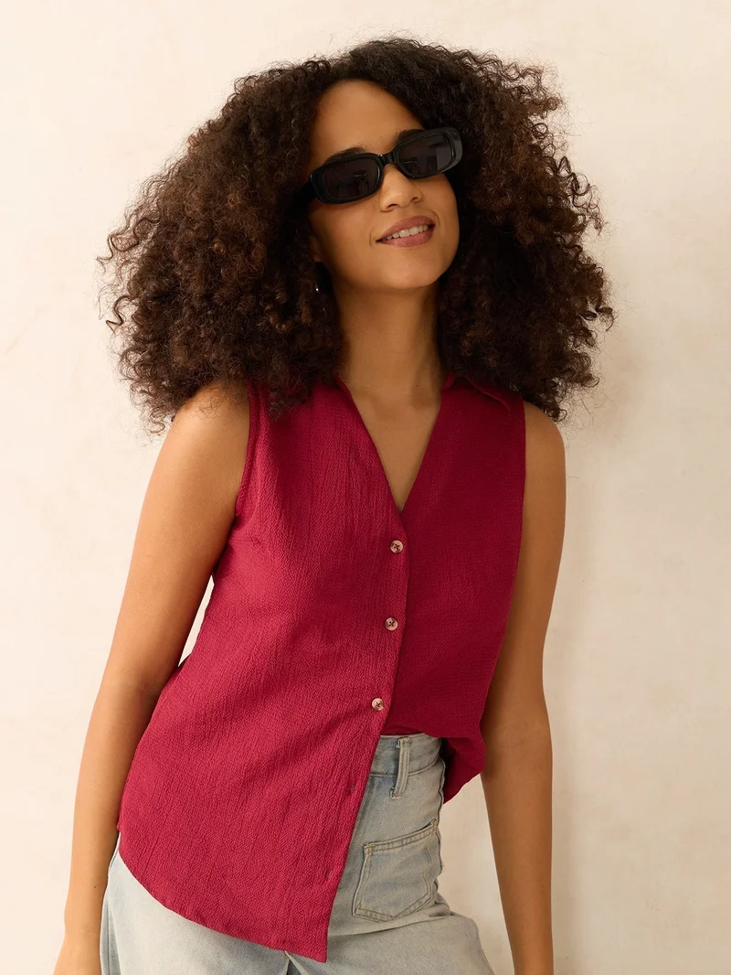 Outzidr Wine Wine Textured Cropped Shirt for Women | Best Price UAE