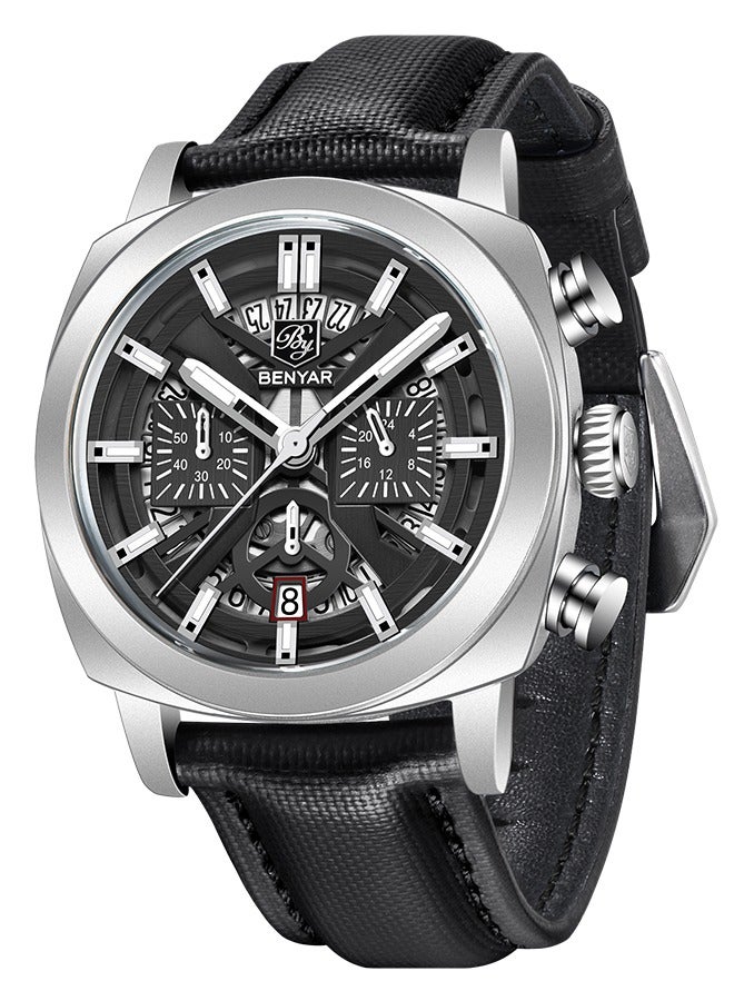 بينيار ساعة رجالي حزام من الجلد الهيكل العظمي حركة الكوارتز مقاوم للماء ساعة الرجال مؤشر لوم ، ساعة من قبل-5205 الفضة الأسود - Image 1