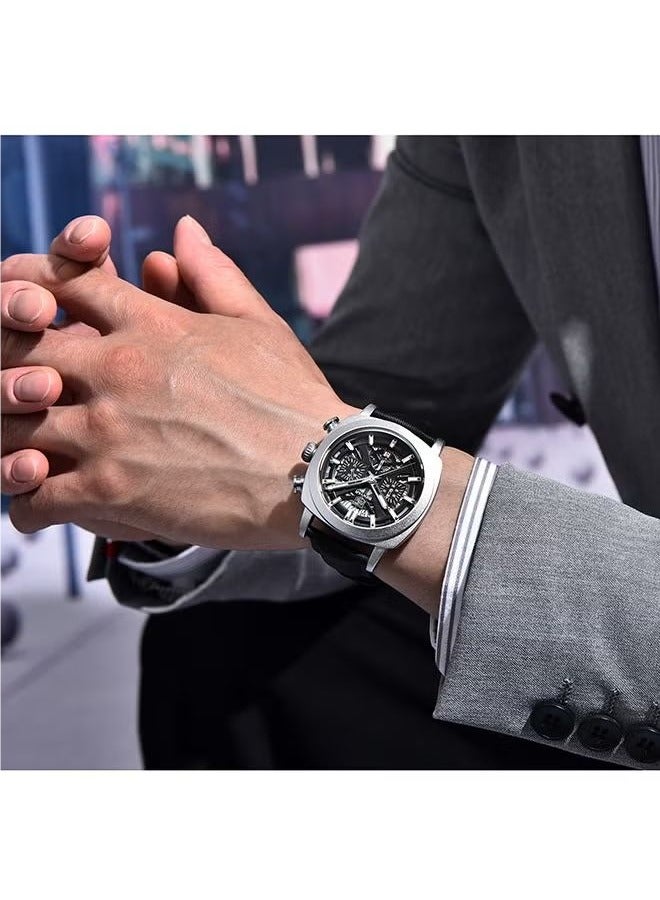 بينيار ساعة رجالي حزام من الجلد الهيكل العظمي حركة الكوارتز مقاوم للماء ساعة الرجال مؤشر لوم ، ساعة من قبل-5205 الفضة الأسود - Image 2