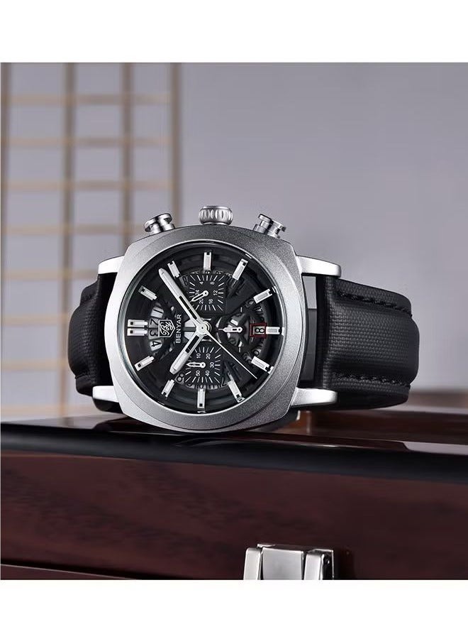 بينيار ساعة رجالي حزام من الجلد الهيكل العظمي حركة الكوارتز مقاوم للماء ساعة الرجال مؤشر لوم ، ساعة من قبل-5205 الفضة الأسود - Image 3