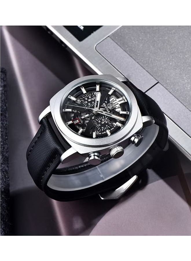 بينيار ساعة رجالي حزام من الجلد الهيكل العظمي حركة الكوارتز مقاوم للماء ساعة الرجال مؤشر لوم ، ساعة من قبل-5205 الفضة الأسود - Image 4