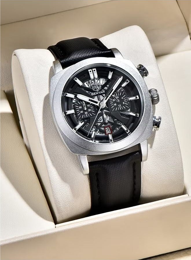 بينيار ساعة رجالي حزام من الجلد الهيكل العظمي حركة الكوارتز مقاوم للماء ساعة الرجال مؤشر لوم ، ساعة من قبل-5205 الفضة الأسود - Image 5