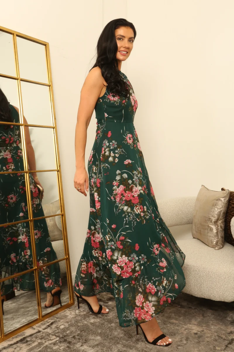 Double Second  Floral Print Halter Neck Wrap Front Frill Maxi Dress for Women | Best Price UAE