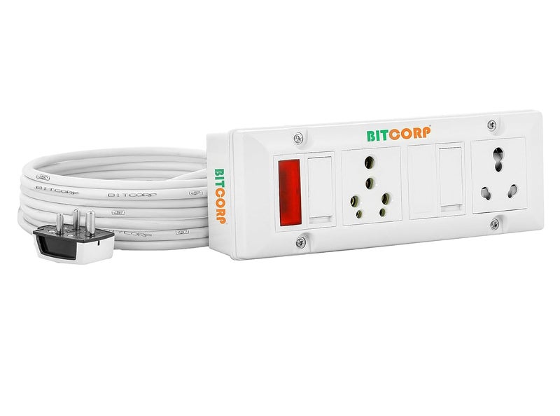 Bitcorp Extension Board Heavy Duty Box 15A 16A 20A with Thermal Protection 2 Way Socket 2 Switch 3500W Surge Protection with 1 Meter Long Cable Cord Wall Mount White - Image 1