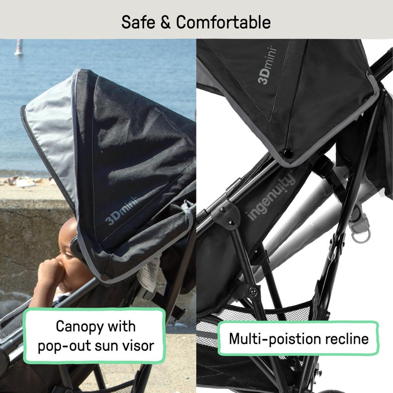 Ingenuity 3D Mini Convenience Stroller â€“ Lightweight Stroller with Compact Fold, Multi-Position Recline, Canopy with Pop Out Sun Visor and More â€“ Umbrella Stroller for Travel and More, Gray - Image 4