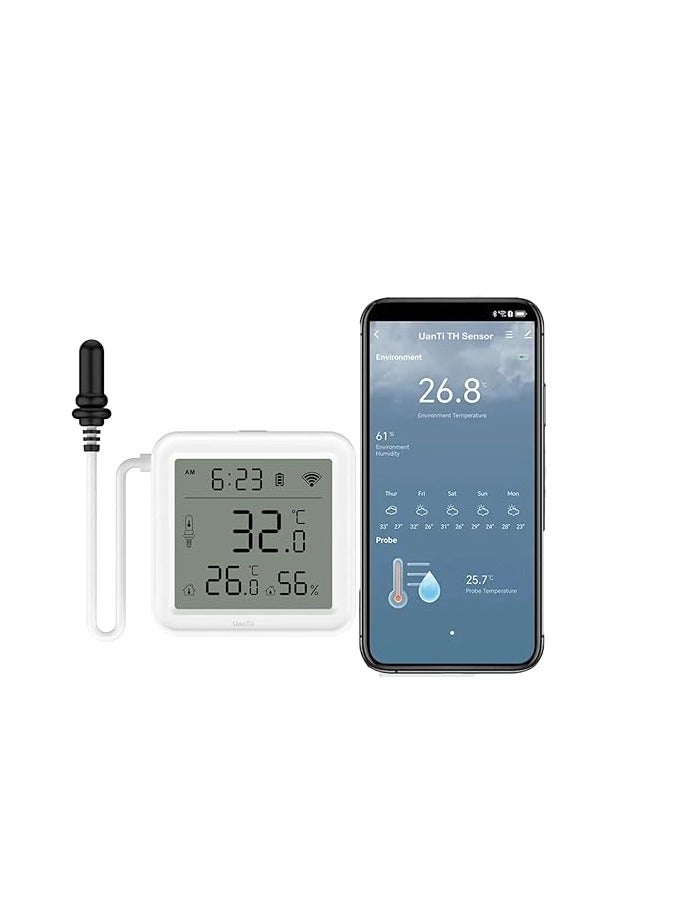 UanTii Smart Temperature Humidity Sensor with 1m External Probe Tuya Wifi Thermometer Temperature Sensor for Aquarium Water Tank,App and Voice Monitor,Works... - Image 1