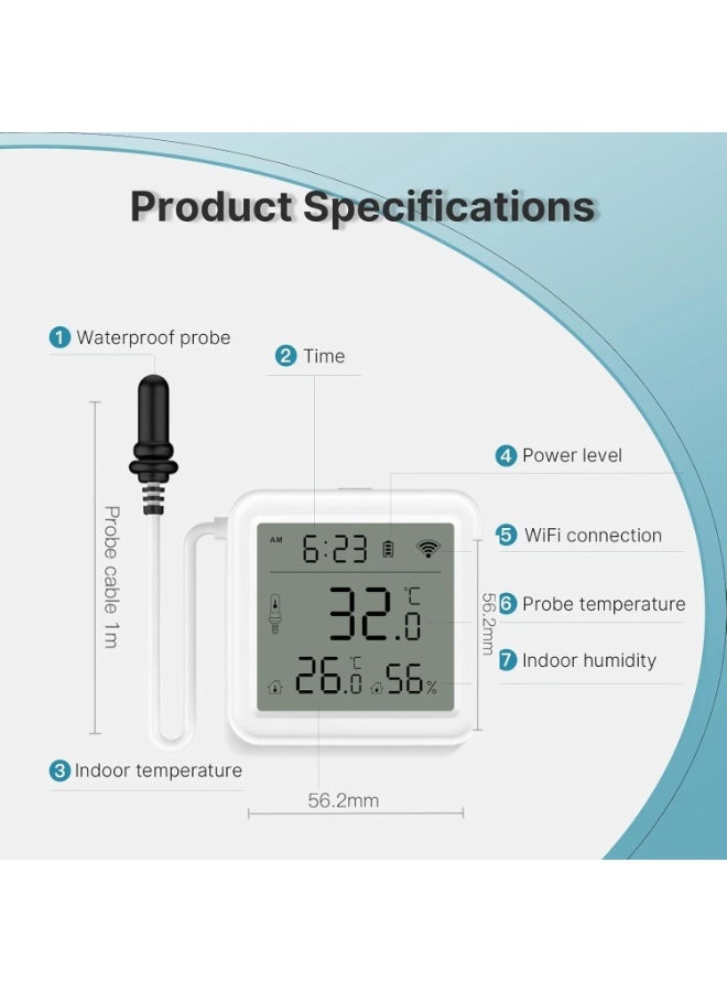 UanTii Smart Temperature Humidity Sensor with 1m External Probe Tuya Wifi Thermometer Temperature Sensor for Aquarium Water Tank,App and Voice Monitor,Works... - Image 3