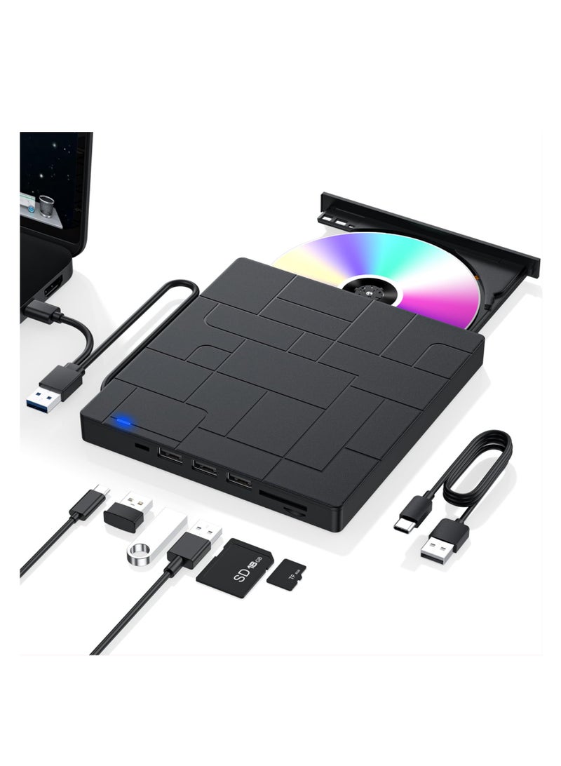 SYOSI External CD/DVD Drive for Laptop, 7-IN-1 USB 3.0 Slim Portable DVD Player, CD ROM Burner, Writer, External Disk Drive for Laptop Compatible Optical Compatible with Windows Mac Linux OS (BLACK) - Image 1