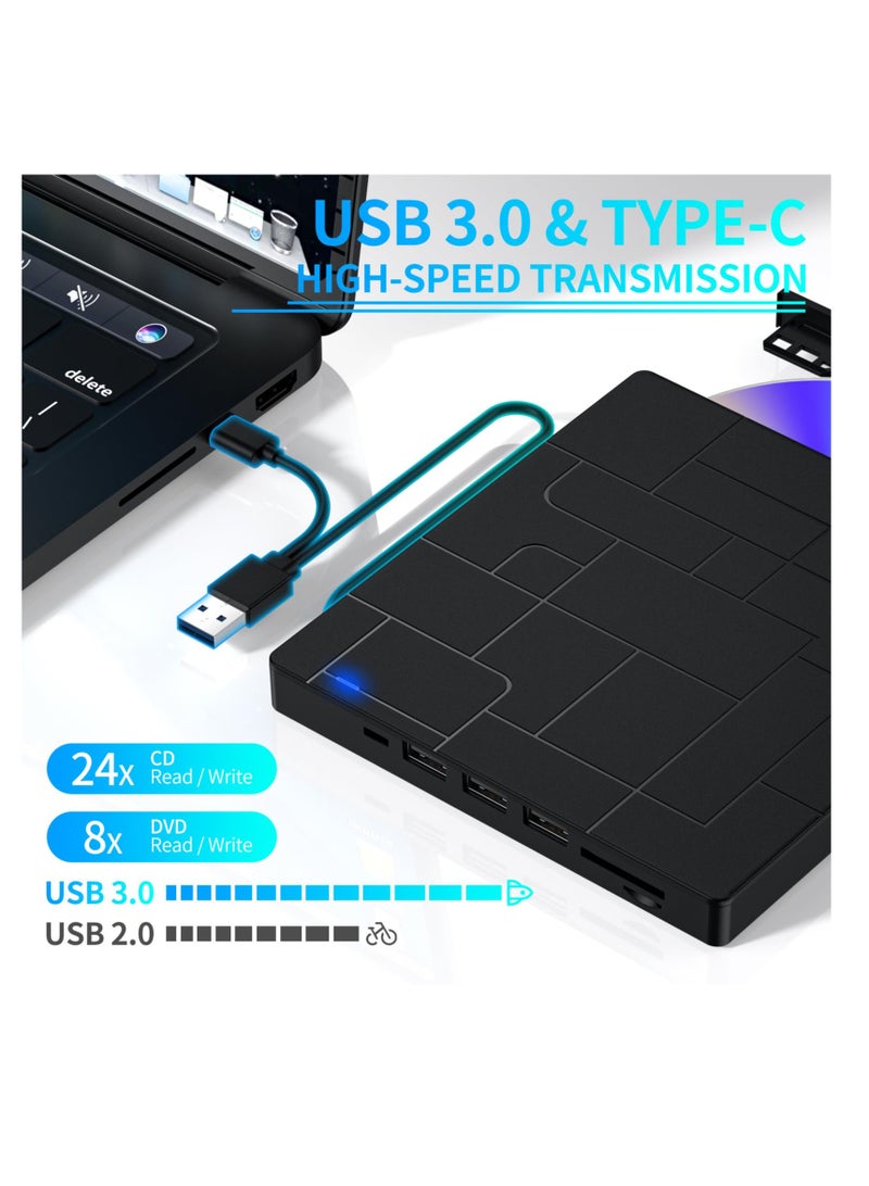SYOSI External CD/DVD Drive for Laptop, 7-IN-1 USB 3.0 Slim Portable DVD Player, CD ROM Burner, Writer, External Disk Drive for Laptop Compatible Optical Compatible with Windows Mac Linux OS (BLACK) - Image 2