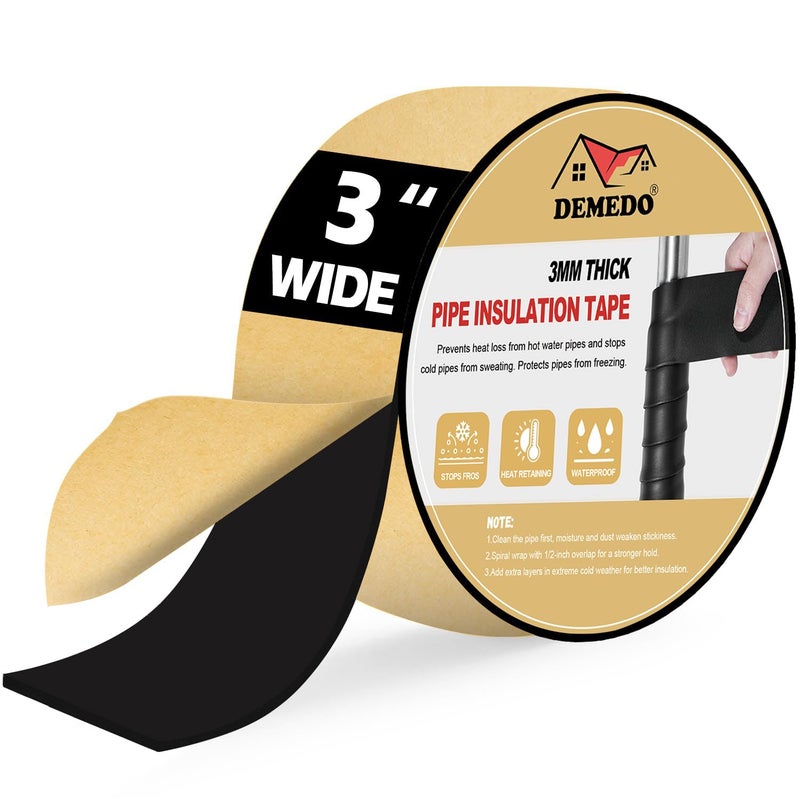 DEMEDO Pipe Insulation Tape, Pipe Wrap Insulation Foam Tape Self Adhesive, Outdoor Water Pipe Insulation Roll for HVAC, AC Line Insulation, 3 inch x 16.5 FT Heat Tape for Water Pipe, Black - Image 1