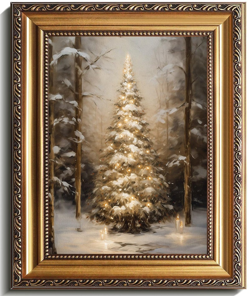 uniro Vintage Gold Framed Wall Art, Vintage Christmas Tree Wall Decor, Snowy Forest Tree Canvas Art Prints Painting, Rustic Winter Holidays Xmas Poster, Neutral Christmas Picture Wall Decor for Bedroom, Living Room, Gallery, Winter Room Decor, Holiday Decoration Gifts - 9x12Inch - Image 1
