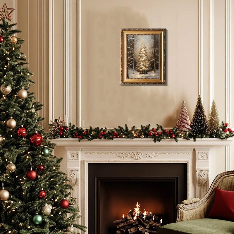 uniro Vintage Gold Framed Wall Art, Vintage Christmas Tree Wall Decor, Snowy Forest Tree Canvas Art Prints Painting, Rustic Winter Holidays Xmas Poster, Neutral Christmas Picture Wall Decor for Bedroom, Living Room, Gallery, Winter Room Decor, Holiday Decoration Gifts - 9x12Inch - Image 5