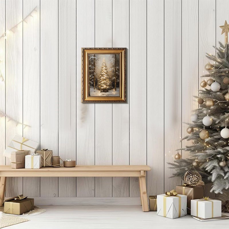 uniro Vintage Gold Framed Wall Art, Vintage Christmas Tree Wall Decor, Snowy Forest Tree Canvas Art Prints Painting, Rustic Winter Holidays Xmas Poster, Neutral Christmas Picture Wall Decor for Bedroom, Living Room, Gallery, Winter Room Decor, Holiday Decoration Gifts - 9x12Inch - Image 4