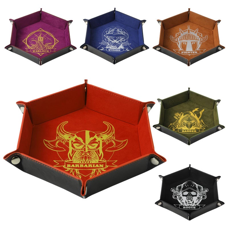 Grajar 6 Pcs DND Dice Tray with Characters Pattern for RPG D&D Table Games - Folding PU Leather and Velvet Rolling Holder Storage Box - Image 1