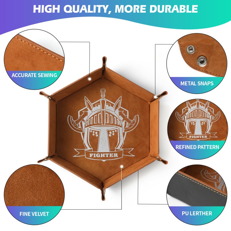 Grajar 6 Pcs DND Dice Tray with Characters Pattern for RPG D&D Table Games - Folding PU Leather and Velvet Rolling Holder Storage Box - Image 2