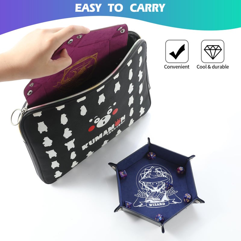 Grajar 6 Pcs DND Dice Tray with Characters Pattern for RPG D&D Table Games - Folding PU Leather and Velvet Rolling Holder Storage Box - Image 4