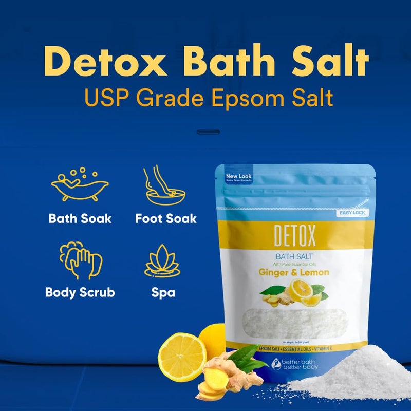 Better Bath Better Body Detox Bath Salt 32 Ounces Epsom Salt with Natural Ginger and Lemon Essential Oils Plus Vitamin C in BPA Free Pouch with Easy Press-Lock Seal - Image 4