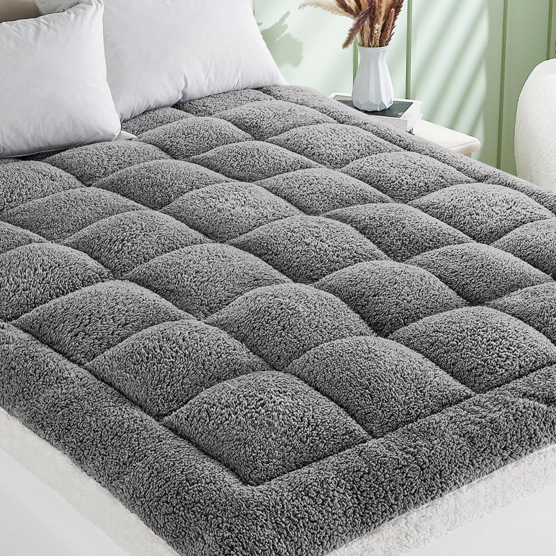 Cymula Pillow Top Mattress Topper Queen, Thick Queen Size Mattress Topper for Back Pain Sherpa Mattress Pillow Top Pad with Plush Fluffy Down Alternative Mattress Cover with 8-21" Deep Pocket, Grey - Image 1