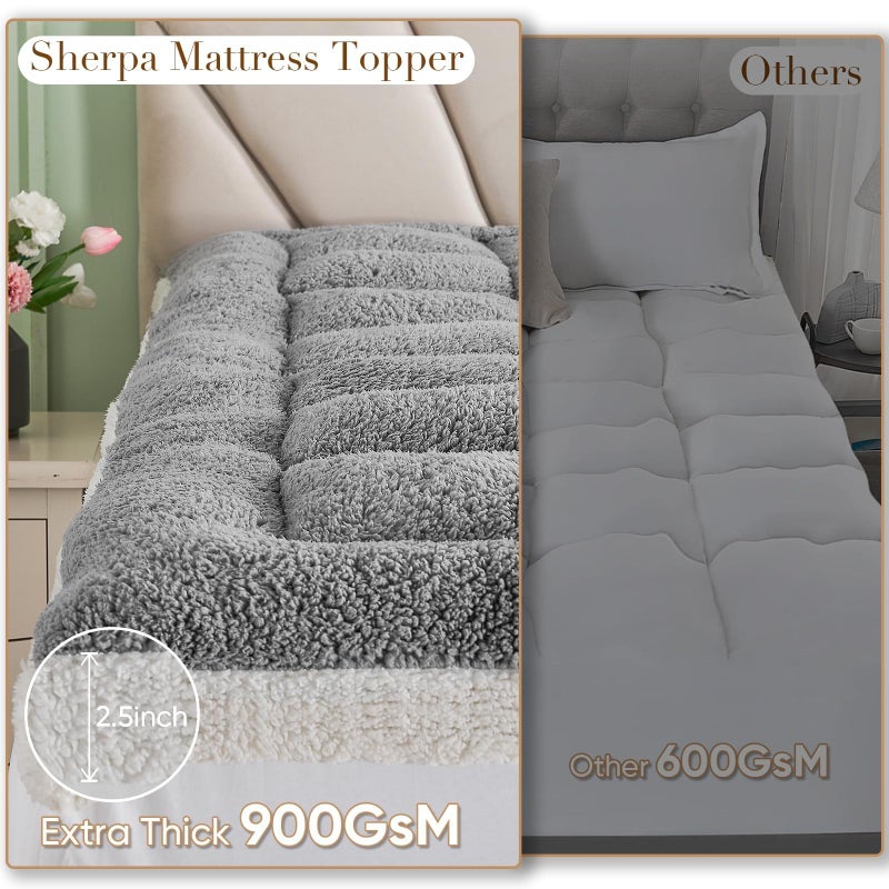 Cymula Pillow Top Mattress Topper Queen, Thick Queen Size Mattress Topper for Back Pain Sherpa Mattress Pillow Top Pad with Plush Fluffy Down Alternative Mattress Cover with 8-21" Deep Pocket, Grey - Image 5