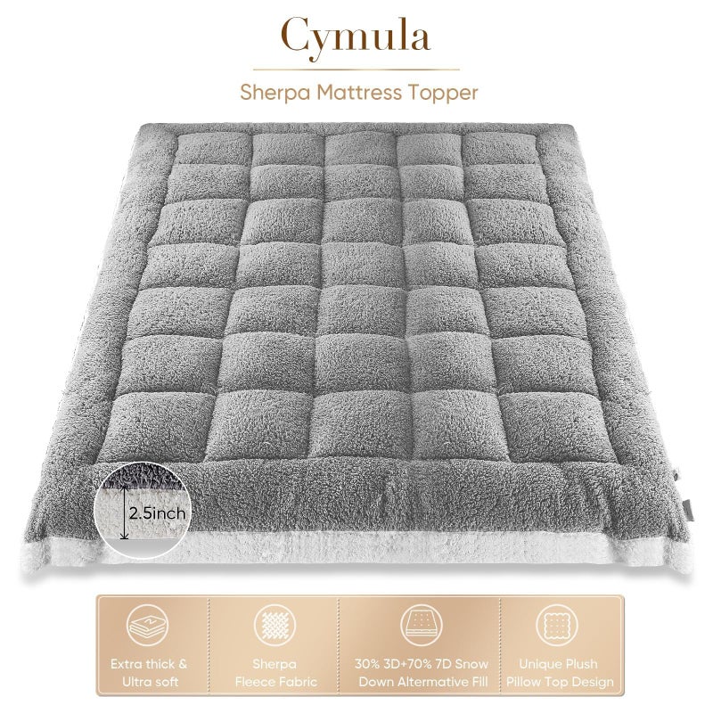 Cymula Pillow Top Mattress Topper Queen, Thick Queen Size Mattress Topper for Back Pain Sherpa Mattress Pillow Top Pad with Plush Fluffy Down Alternative Mattress Cover with 8-21" Deep Pocket, Grey - Image 4