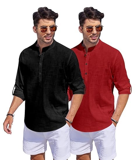 Bellstone Men's Cotton Blend Straight Kurta Shirt Combo with Mandarin Collar - Slim Fit Casual Short Kurti Set Featuring Textured Slub Fabric and Roll-Up Full Sleeves - Image 5