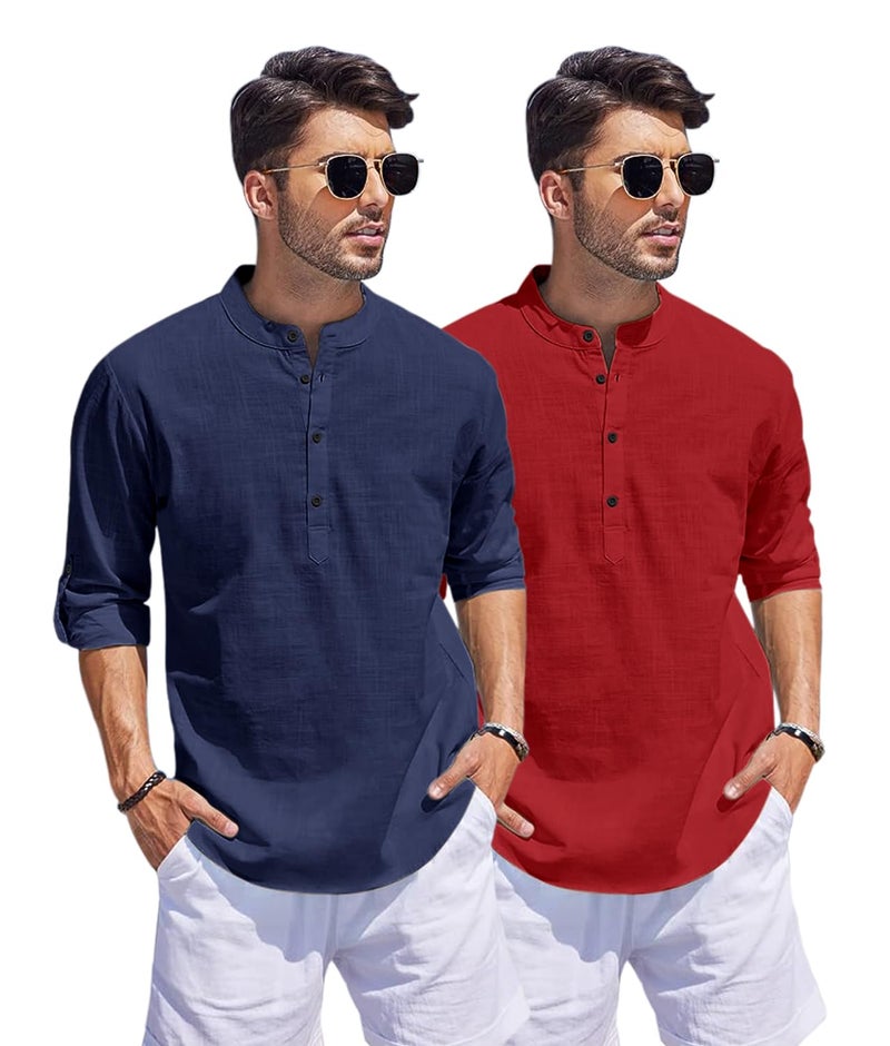 Bellstone Men's Cotton Blend Straight Kurta Shirt Combo with Mandarin Collar - Slim Fit Casual Short Kurti Set Featuring Textured Slub Fabric and Roll-Up Full Sleeves - Image 3