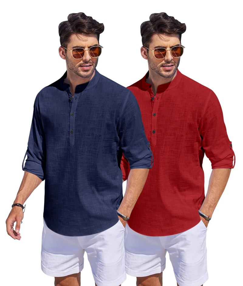 Bellstone Men's Cotton Blend Straight Kurta Shirt Combo with Mandarin Collar - Slim Fit Casual Short Kurti Set Featuring Textured Slub Fabric and Roll-Up Full Sleeves - Image 2