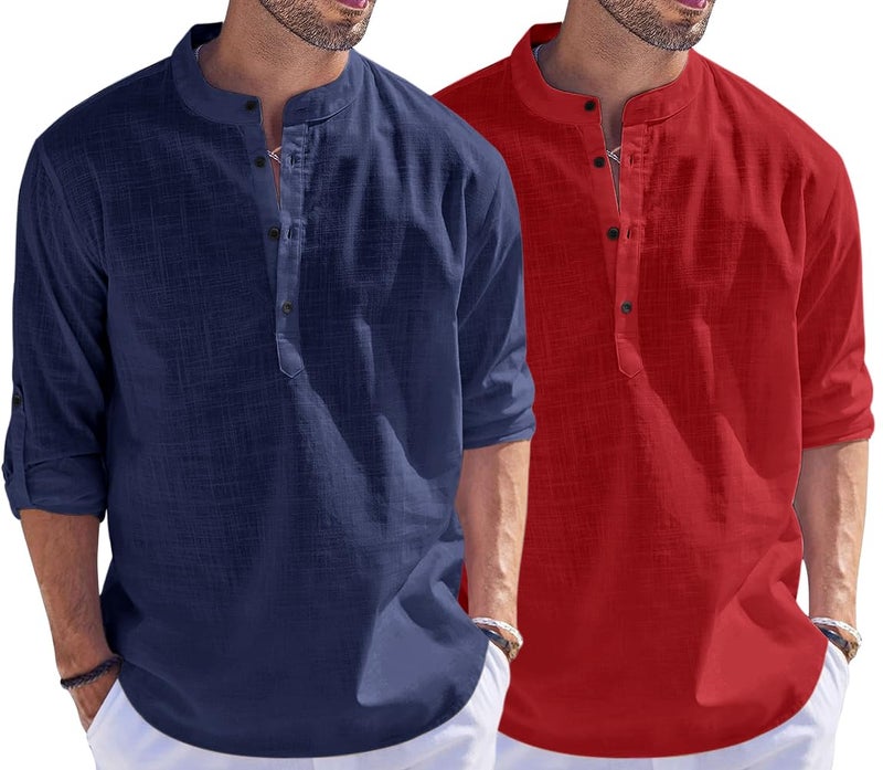 Bellstone Men's Cotton Blend Straight Kurta Shirt Combo with Mandarin Collar - Slim Fit Casual Short Kurti Set Featuring Textured Slub Fabric and Roll-Up Full Sleeves - Image 1