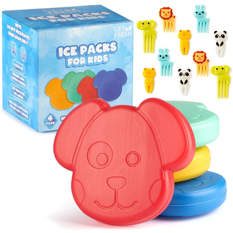 GET FRESH Mini Freezer Ice Packs for Lunch Boxes 4Pack Cute Small Ice Blocks for Cool Bags and Kids Lunch Box Reusable Animal Freezer Blocks for Kids Lunch Cool Boxes Bags with 10 Food Picks