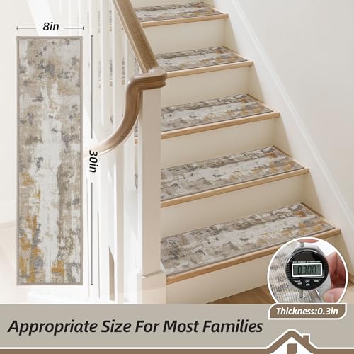 BEQHAUSE Stair Treads for Wooden Steps Non-Slip Machine Washable Carpet Stair Treads 8"X30" Soft Indoor Stair Rug Runner for Kids Elders and Pets, 100% Polyester, TPE Backing, 4pcs, Beige/Grey - Image 2