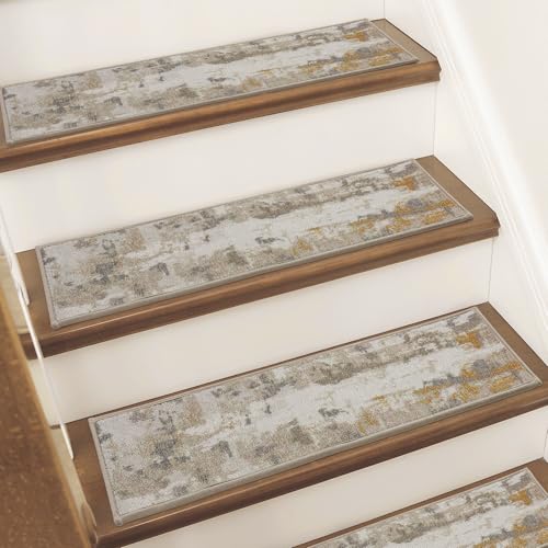 BEQHAUSE Stair Treads for Wooden Steps Non-Slip Machine Washable Carpet Stair Treads 8"X30" Soft Indoor Stair Rug Runner for Kids Elders and Pets, 100% Polyester, TPE Backing, 4pcs, Beige/Grey - Image 1