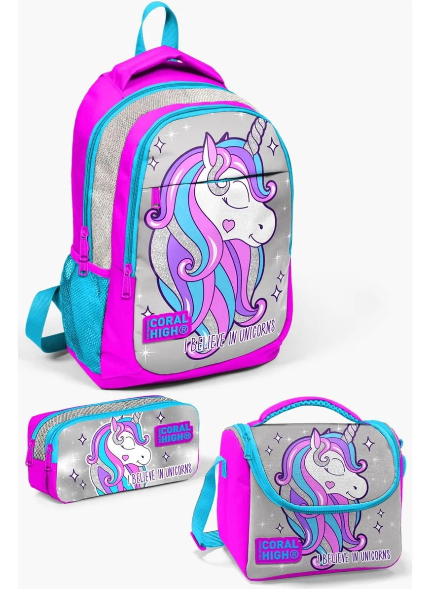 CORAL HIGH Kids Pink Silver Glitter Unicorn Patterned 3-Piece School Bag Set SET0114383