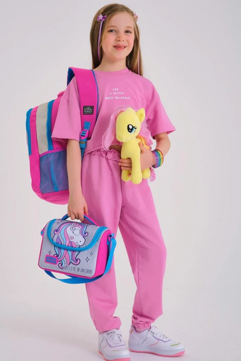 CORAL HIGH Kids Pink Silver Glitter Unicorn Patterned 3-Piece School Bag Set SET0114383