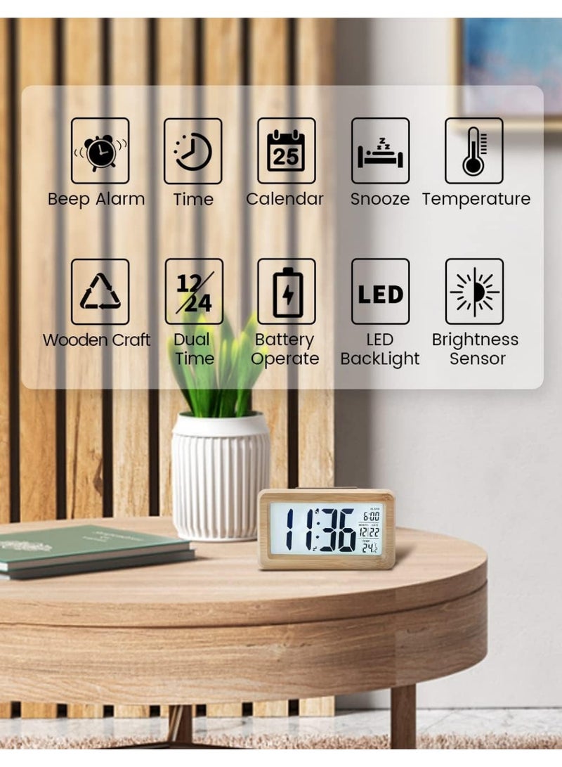 Digital Alarm Clock, LCD Digital Clock with Date Display, Temperature, Snooze Function, Battery Powered Digital Clock, 3 AAA Batteries Required (Bamboo) - Image 2