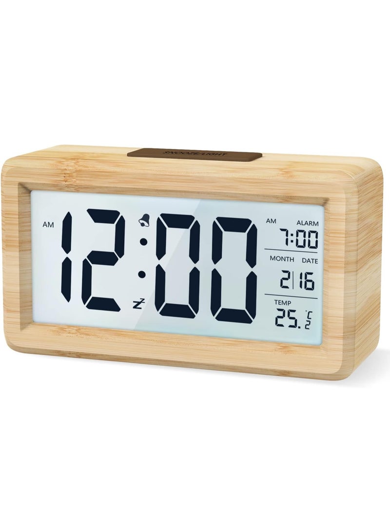 Digital Alarm Clock, LCD Digital Clock with Date Display, Temperature, Snooze Function, Battery Powered Digital Clock, 3 AAA Batteries Required (Bamboo) - Image 1