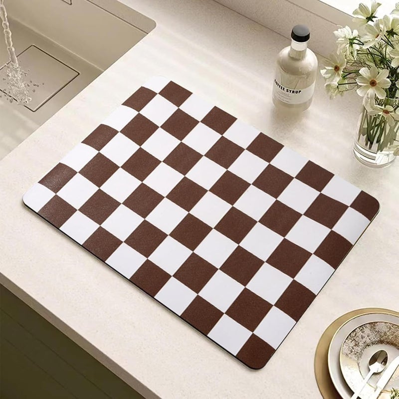 Tinideya Coffee Mat Checkered Dish Drying Mat for Kitchen Counter Coffee Bar Vintage Buffalo Dish Pad Absorbent Kitchen Drying Mat for Bar Station Accessories Easy Clean(Caramel,12 x 16 Inches) - Image 1
