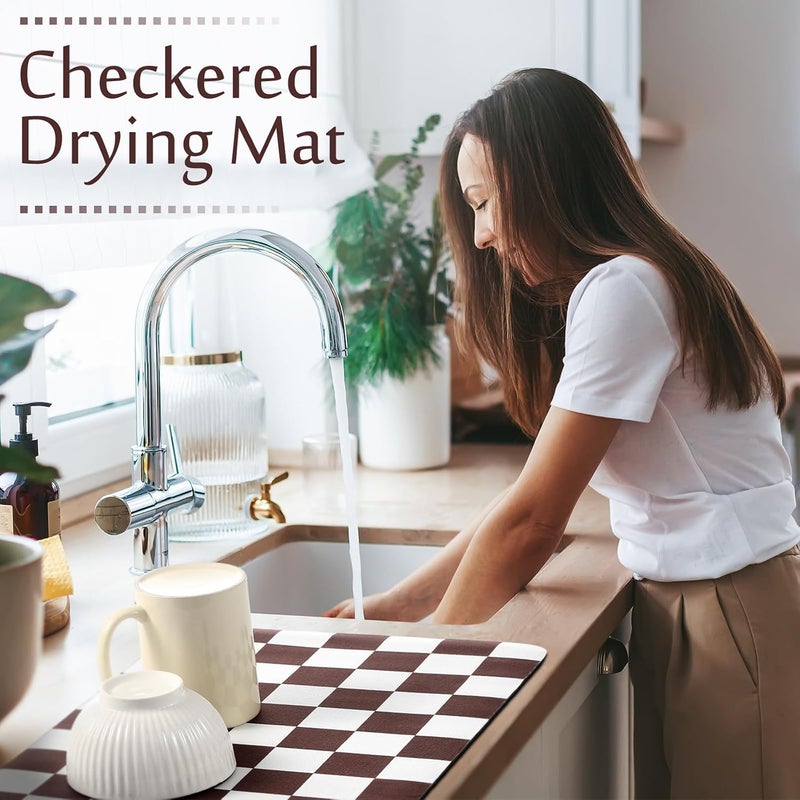 Tinideya Coffee Mat Checkered Dish Drying Mat for Kitchen Counter Coffee Bar Vintage Buffalo Dish Pad Absorbent Kitchen Drying Mat for Bar Station Accessories Easy Clean(Caramel,12 x 16 Inches) - Image 5