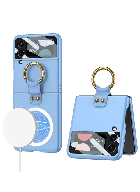 GKK Compatible With Samsung Galaxy Z Flip4 Leather Ulta thin Magesaffe Camira With Ring Magesaffe (Blue)