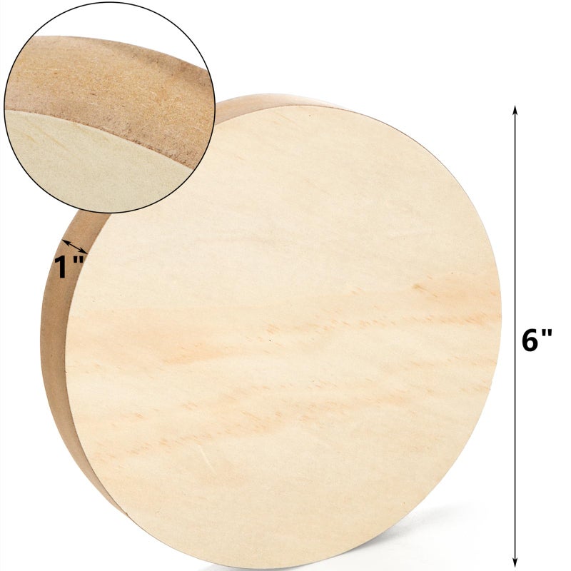 DEAYOU 6 Pack MDF Wood Circles, 6" Round Unfinished Wood Board, Wooden Disc Plaque for Crafts, Medium Density Fiberboard, 1" Thick Wood Block Coaster Base for DIY, Engraving, Chip Carving, Painting - Image 2