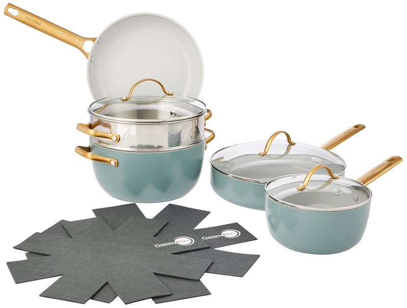 Greenpan GreenPan Reserve Hard Anodized Healthy Ceramic Nonstick 10 Piece Cookware Pots and Pans Set PFASFree Dishwasher Safe Smokey Blue 