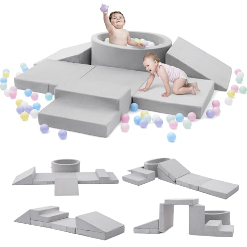 Elftopia Foam Climbing Blocks with Ball Pit Stairs for Toddlers Aged 13 Soft Playset for Indoor Crawling Foam Playground Set for Baby to Active Playing Inside Balls NOT IncludedGrey - Image 1