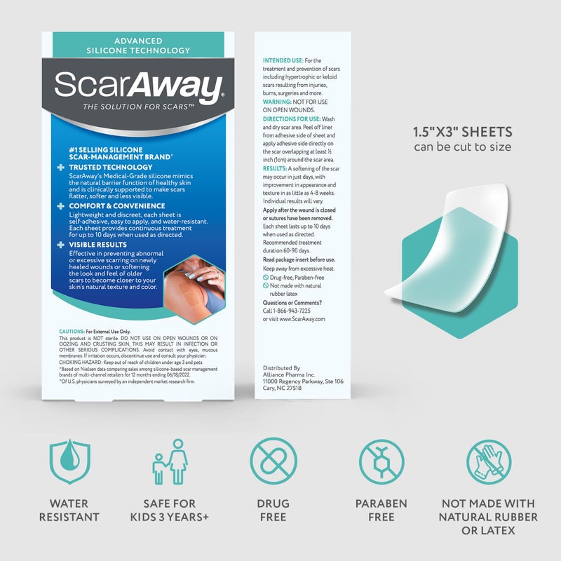 ScarAway Advanced Clear Silicone Scar Sheets, Medical Grade Silicone Strips (1.5" x 3") Scar Treatment and Prevention for Surgical, Burn, Body, Hypertrophic & Keloid Scar Treatment, 10 Clear Sheets - Image 5