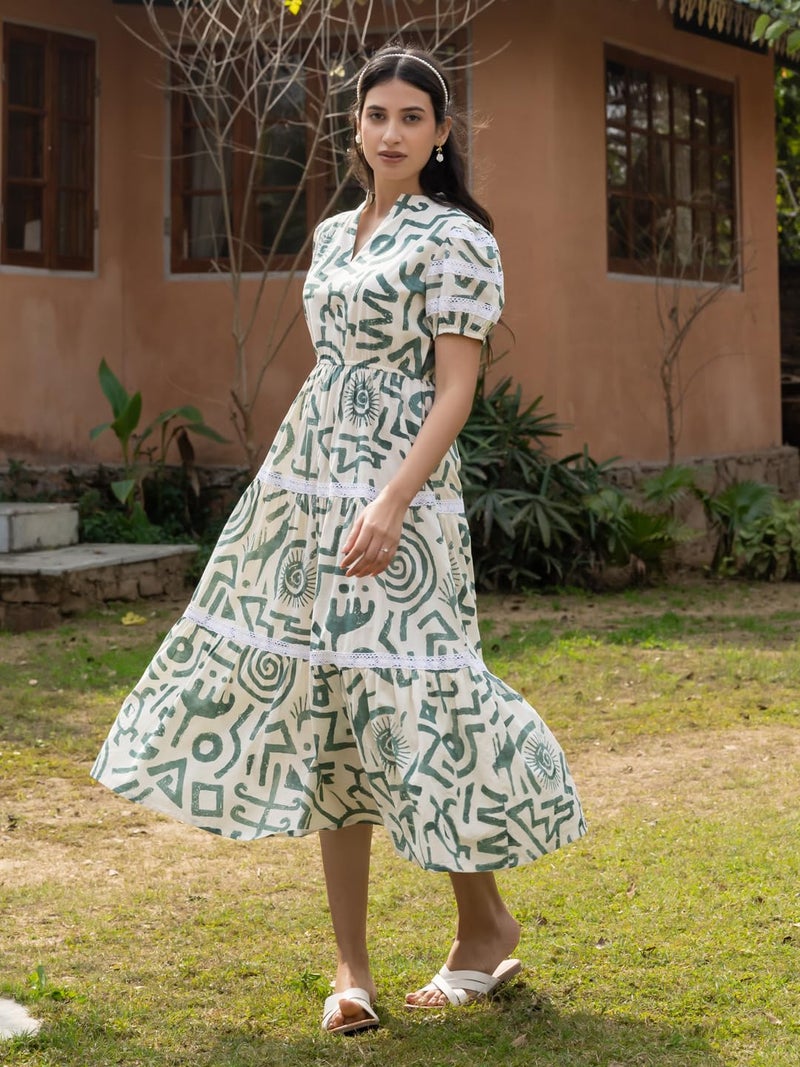 FIORRA Women's Off-White Printed Cotton Midi Dress DR0018 - Image 4