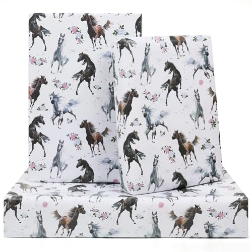 AirCool Horse Wrapping Paper for Boys Girls Kids 6 Sheets Galloping Horses and Floral White Wrap Paper 20 x 28 inches Per Sheet Cowboy Gift Paper for Horse Racing Theme Party Birthday Wedding Baby Shower - Image 2