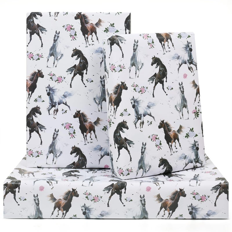 AirCool Horse Wrapping Paper for Boys Girls Kids 6 Sheets Galloping Horses and Floral White Wrap Paper 20 x 28 inches Per Sheet Cowboy Gift Paper for Horse Racing Theme Party Birthday Wedding Baby Shower - Image 3
