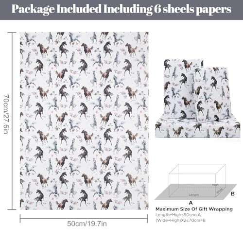 AirCool Horse Wrapping Paper for Boys Girls Kids 6 Sheets Galloping Horses and Floral White Wrap Paper 20 x 28 inches Per Sheet Cowboy Gift Paper for Horse Racing Theme Party Birthday Wedding Baby Shower - Image 5