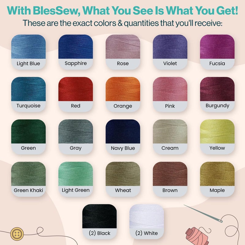 BlesSew Sewing Thread-24 Spools of Polyester Thread for Sewing Machine for Beginners, Hand Stitching & Quilting-1000 yds Each in 22 Colors+Bonus Black & White - Image 4