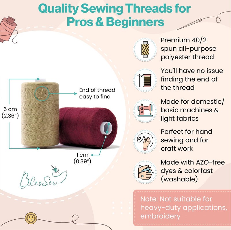 BlesSew Sewing Thread-24 Spools of Polyester Thread for Sewing Machine for Beginners, Hand Stitching & Quilting-1000 yds Each in 22 Colors+Bonus Black & White - Image 3