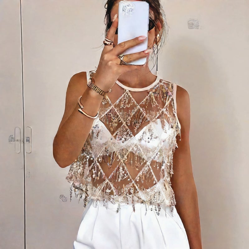 Sexy Fringe Sequin Round Neck Tank Top Party Holiday Summer Women's Vest - Image 2